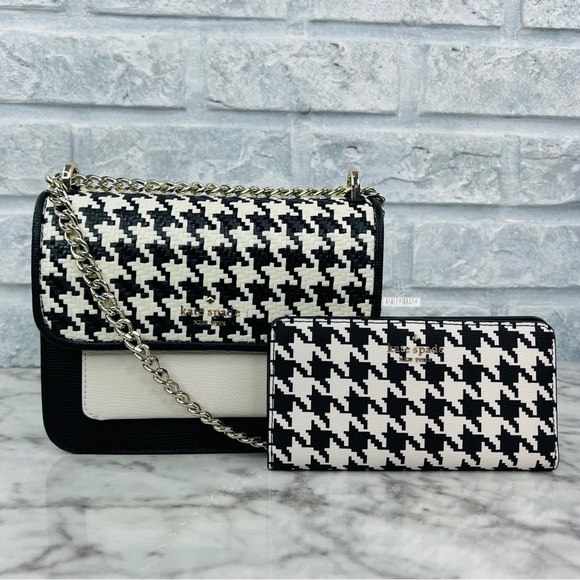 Kate Spade Woven Remi Flap Chain Crossbody & Large Bifold Wallet In Houndstooth - Picture 1 of 15